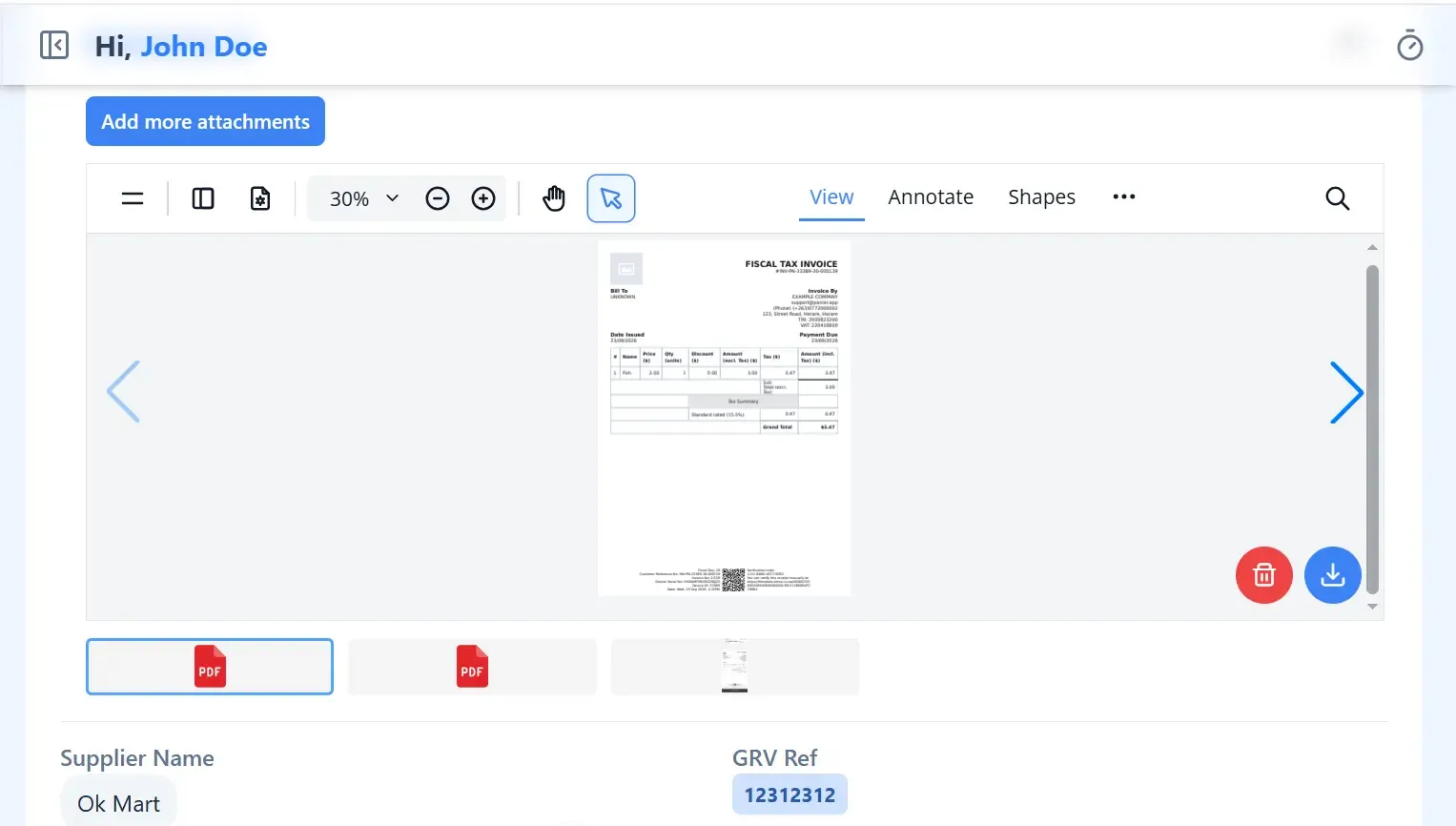 Panier Add Attachments to GRV