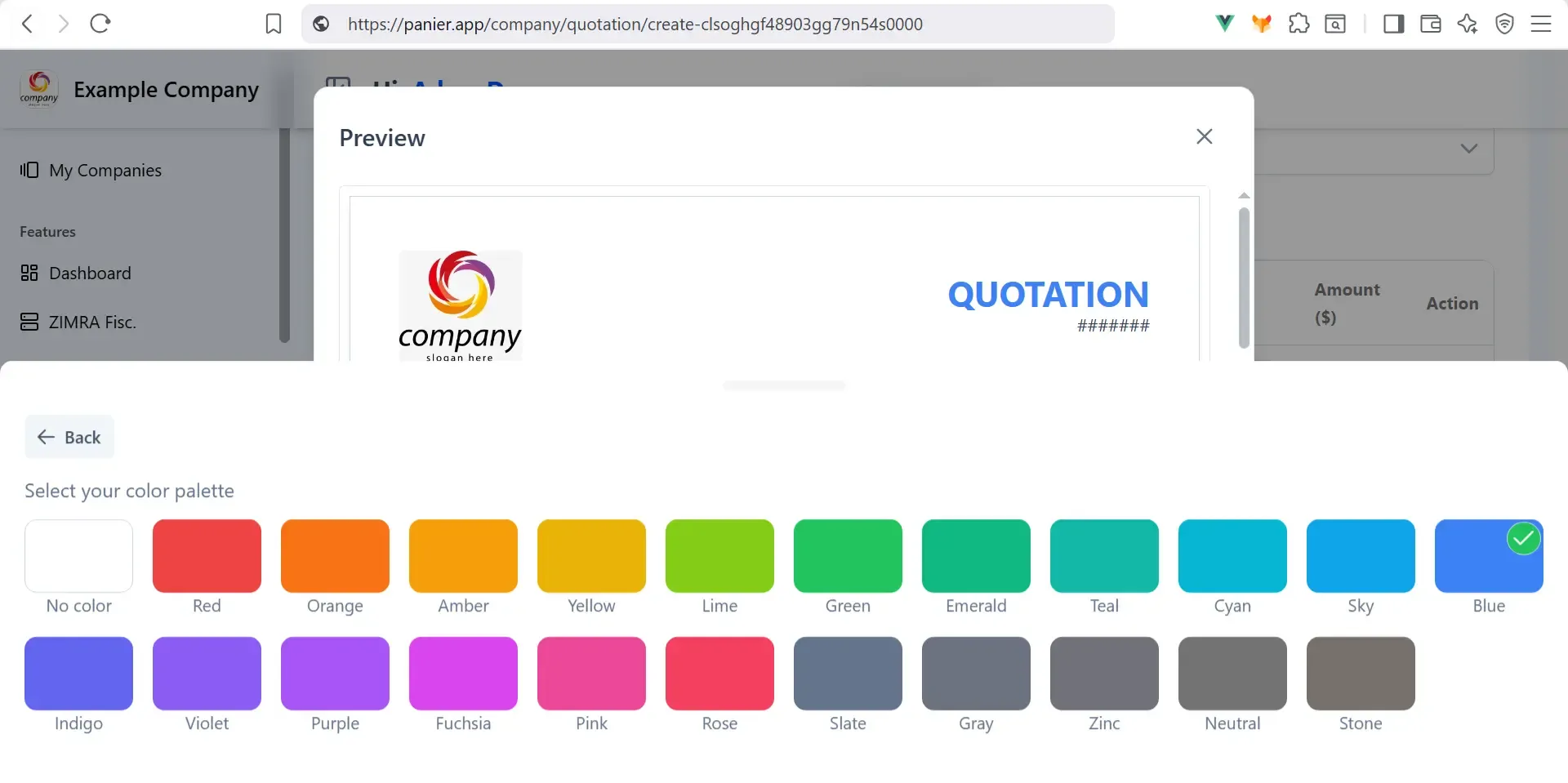 Panier Quotation Choose Color Palette